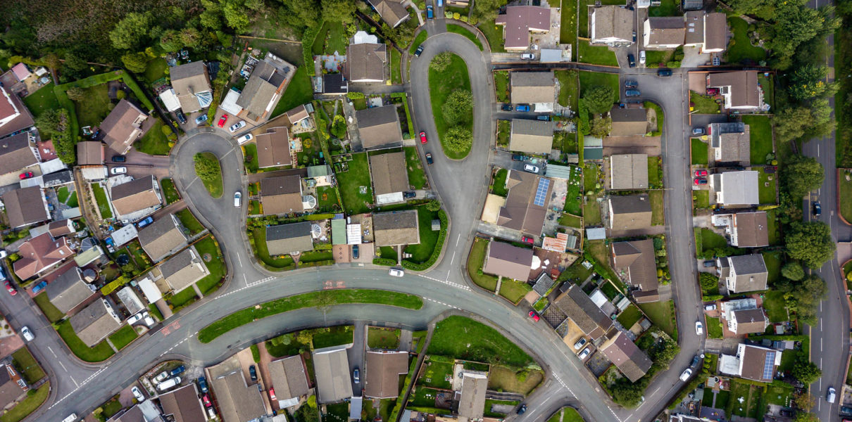 Aerial view of suburban residential area